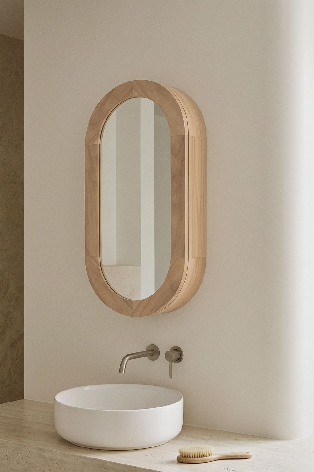 Armoire murale ovale 35x70 cm pour salle de bain en bois de teck avec miroir Ian - 1
