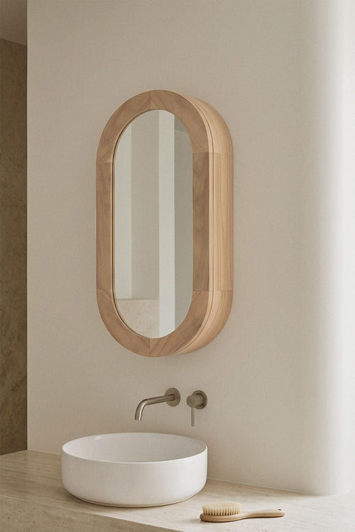 Armoire murale ovale 35x70 cm pour salle de bain en bois de teck avec miroir Ian - 1