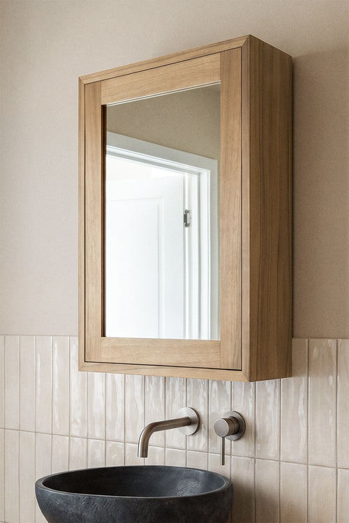 Armoire murale rectangulaire 45x60 cm pour salle de bain en bois de teck avec miroir Ian - 1