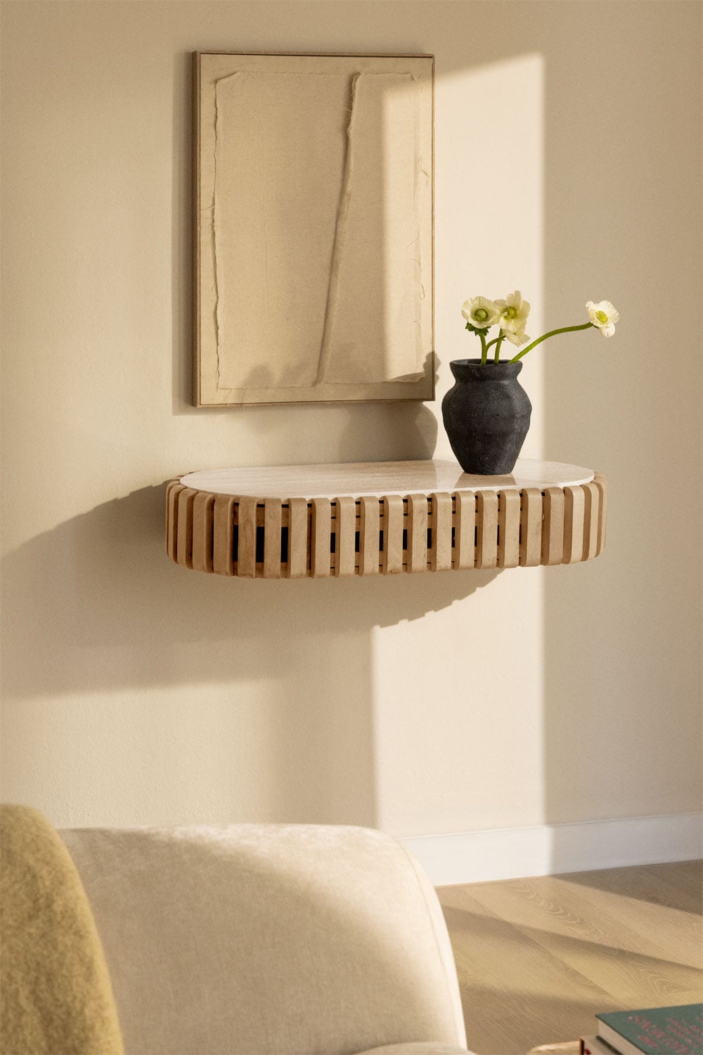 Console d'entrée murale 90x40 cm en bois de manguier et pierre naturelle Bytum - 3