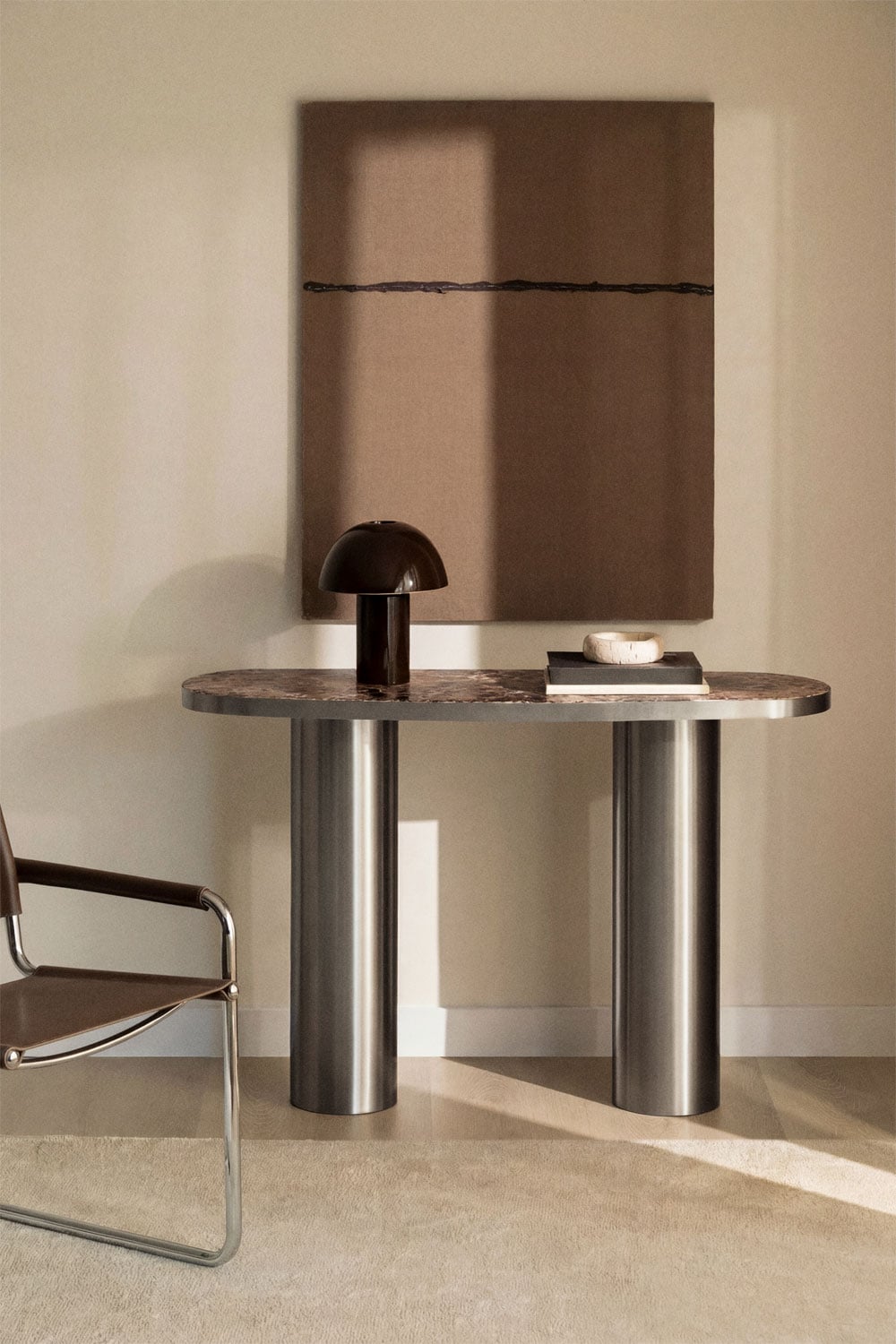 Console d'entrée ovale 120x40 cm en pierre naturelle et acier inoxydable Fertrix - 1