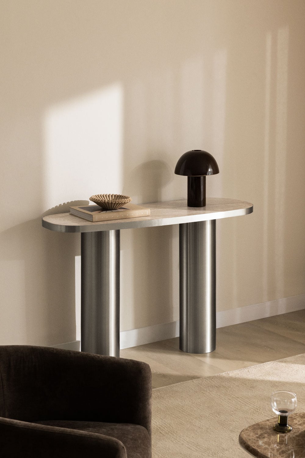 Console d'entrée ovale 120x40 cm en pierre naturelle et acier inoxydable Fertrix - 3