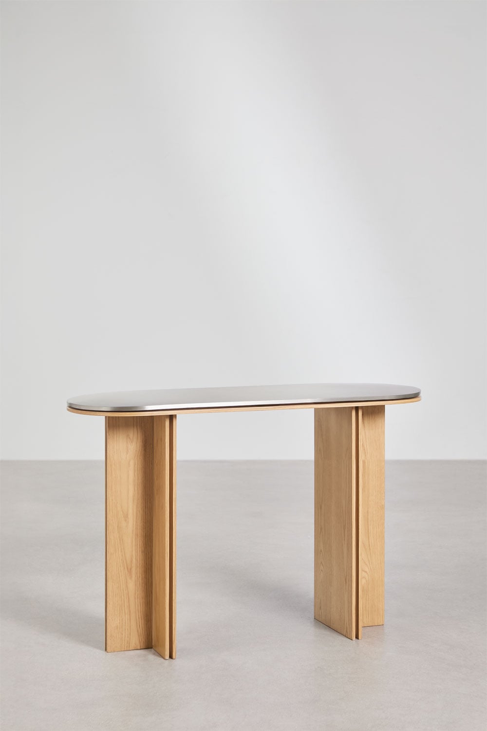 Console d'entrée ovale 120x40 cm en placage chêne et acier inoxydable Lindina - 2