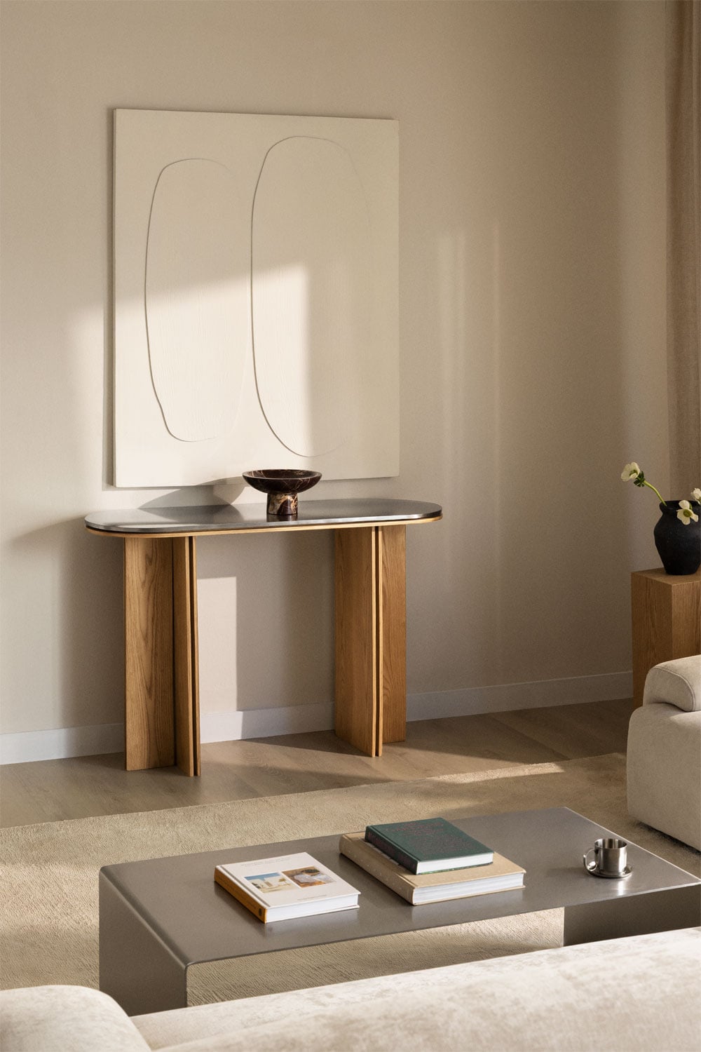 Console d'entrée ovale 120x40 cm en placage chêne et acier inoxydable Lindina - 1