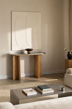 Console d'entrée ovale 120x40 cm en placage chêne et acier inoxydable Lindina - 1