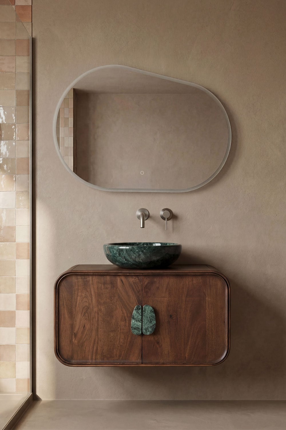 Ensemble de meuble de salle de bain suspendu 95x45 cm en bois de manguier et pierre naturelle Kivalina - 1