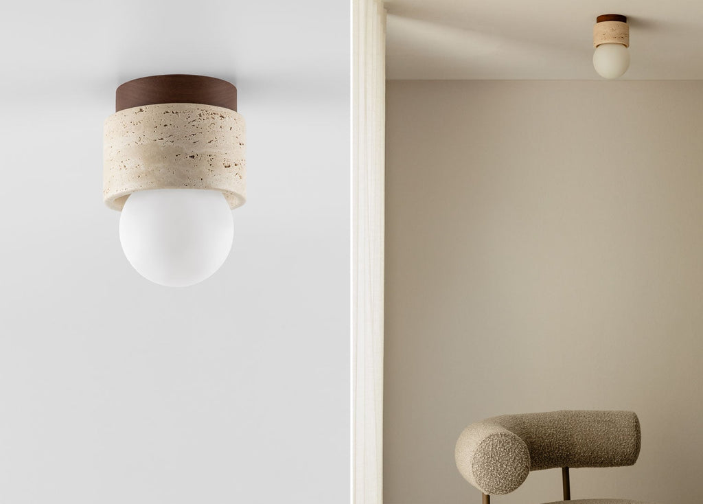 Plafonnier de plafond Ø10 cm en travertin et bois Davise - 1