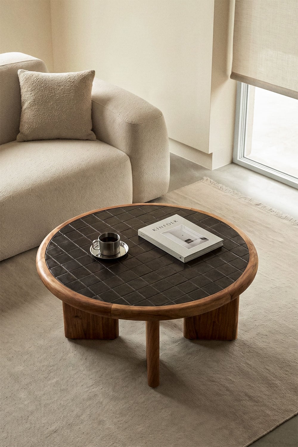 Table basse ronde Ø80 cm en carreaux et bois d'acacia Aitana - 4