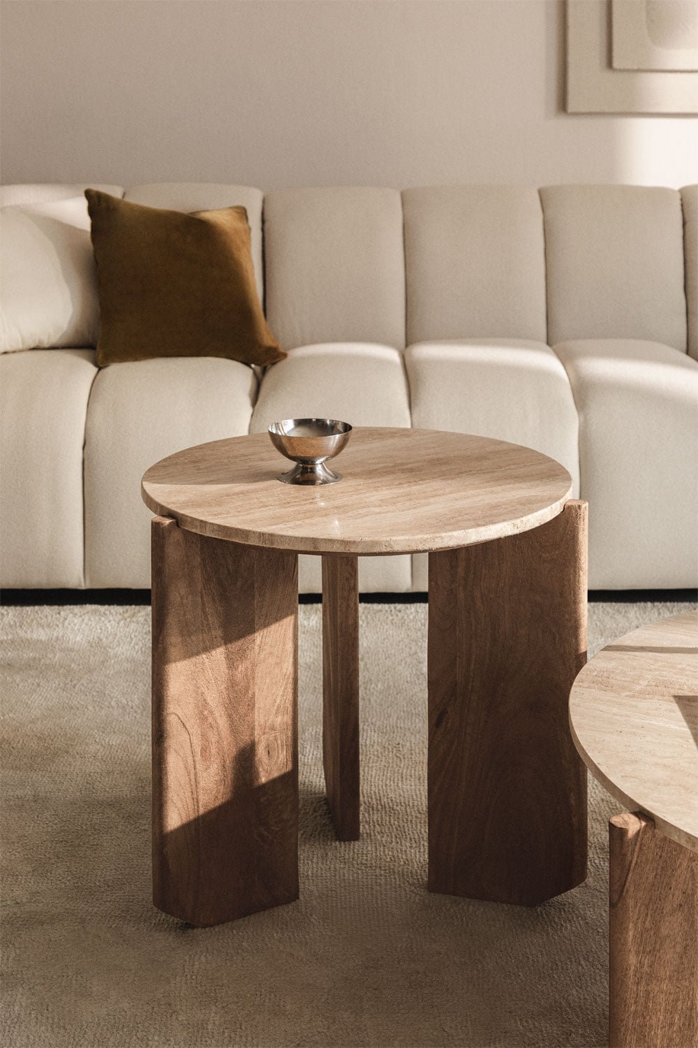 Table d'appoint ronde Ø50 cm en pierre naturelle et bois de manguier Lavinia - 1